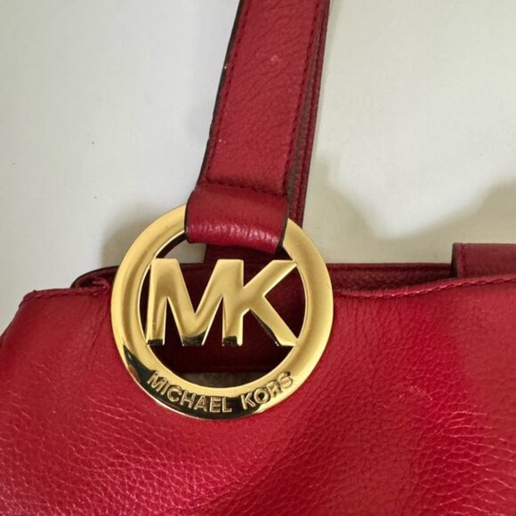 Michael Kors Leather Fulton East West Shoulder Tote Bag Satchel Compartments Red - Picture 9 of 16